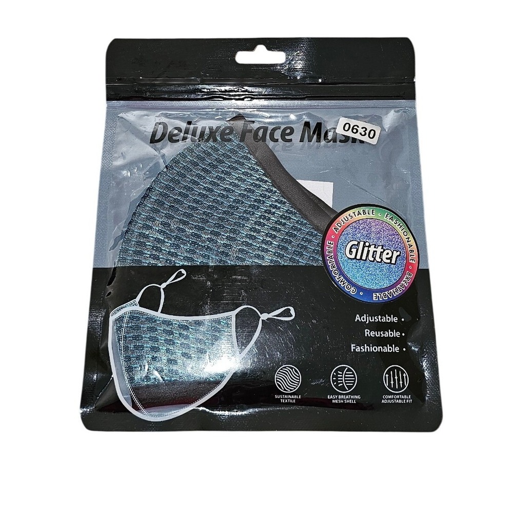 Major Trading Inc Deluxe Face Mask Glitter Teal Mesh Reusable Adjustable #630